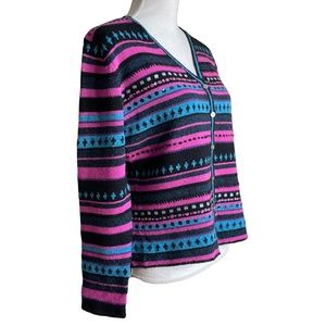 Fair Isle Cardigan M Lambswool Wool Blend Sequin Striped V-Neck Sweater Magenta
